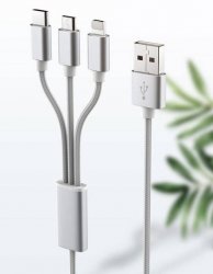3-i-1-kabel med Lightning, Micro-USB och USB-C Silverfärgad Nylon
